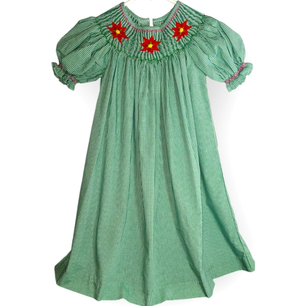 Mom & Me Short Sleeve Holiday Embroidered Poinsettia Smocked Gingham Dress 3T